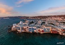 Houses of Mykonos at the shore of Aegean Sea