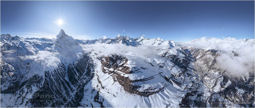 Switzerland, the Matterhorn Mountain and the village of Zermatt • AirPano.com • Photo