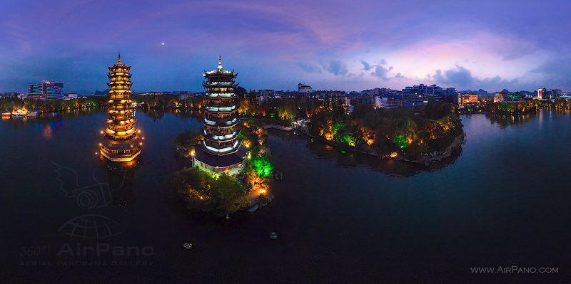 Night view to the pagodas of Sun and Moon