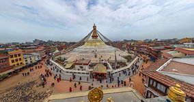 View of the Boudhanath Stupa from the rooftop of Buddha Ghyanghuti Gompa