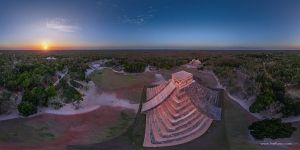 Mexico, Chichen Itza, Temple of Kukulcan in the last rays of the sun. Panorama