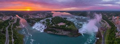 Panorama of Niagara Falls at sunset, Canada-USA