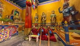 Puja in the Thangbi Lhakhang. Bhutan. Buddhism Puja in the Thangbi Lhakhang. Bhutan. Buddhism