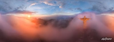 Christ the Redeemer Statue in the foggy morning. Rio de Janeiro, Brazil. Christianity