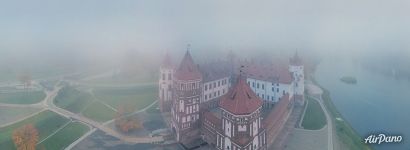 Mir Castle in the fog. Panorama