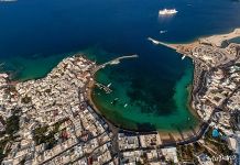 Above Mykonos port in the morning Above Mykonos port in the morning