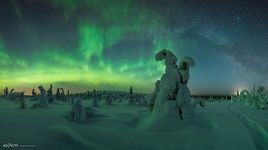 Panorama of a snowy forest and the northern lights