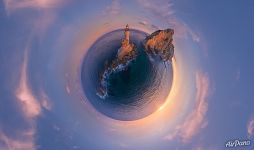 Lighthouse and Cape Aniva at sunrise. Planet Lighthouse and Cape Aniva at sunrise. Planet
