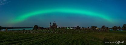 Northern lights above Kizhi. Panorama Northern lights above Kizhi. Panorama