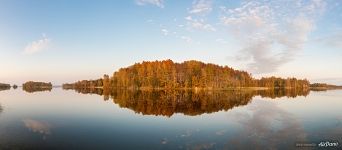 Panorama of the autumn forest. Lake Onega