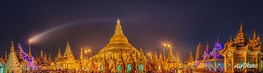 Shwedagon Pagoda at night. Panorama