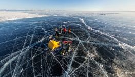 Tourists on the ice of Baikal