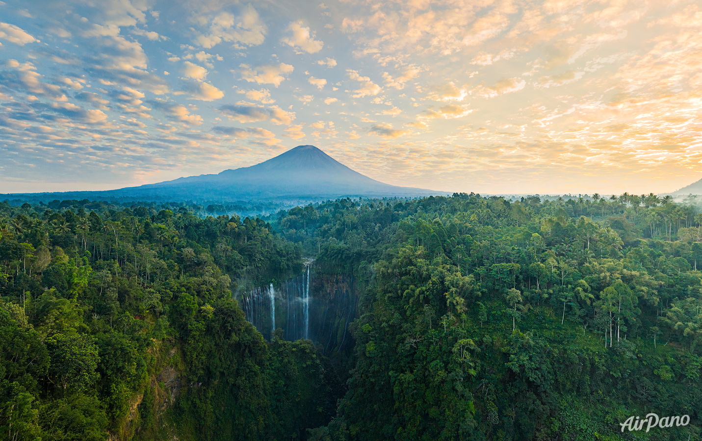 Tumpak Sewu Waterfall and Semeru volcano